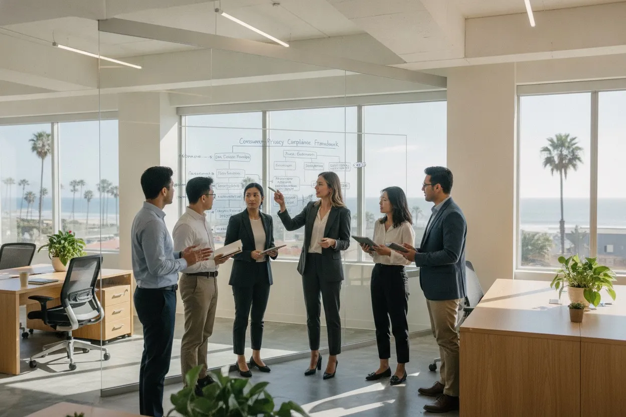 AI governance consulting workshop reviewing a privacy compliance framework in a California office