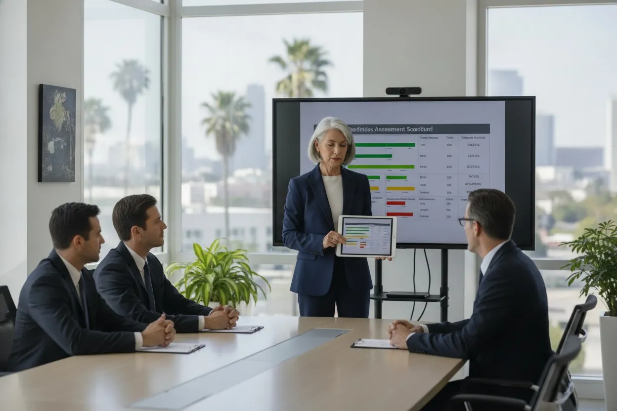 Senior AI consultant presenting a readiness-assessment scorecard to executives in California