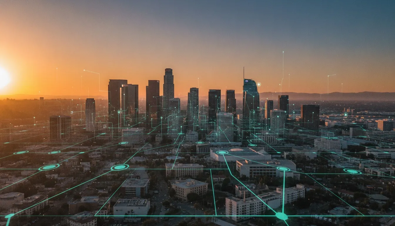 Los Angeles downtown skyline at golden hour with a glowing AI neural network overlay, representing AI development services in California