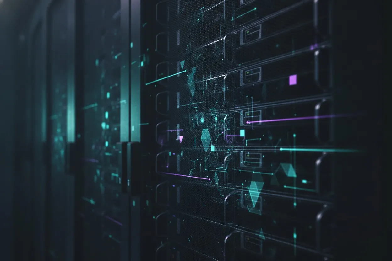 Server rack with encrypted data visualization representing AI data security