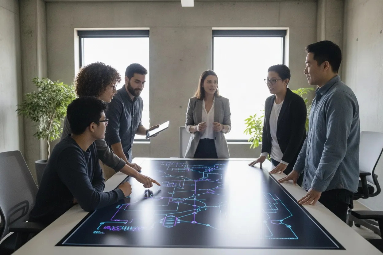AI engineering team collaborating on neural network architecture in a California tech office