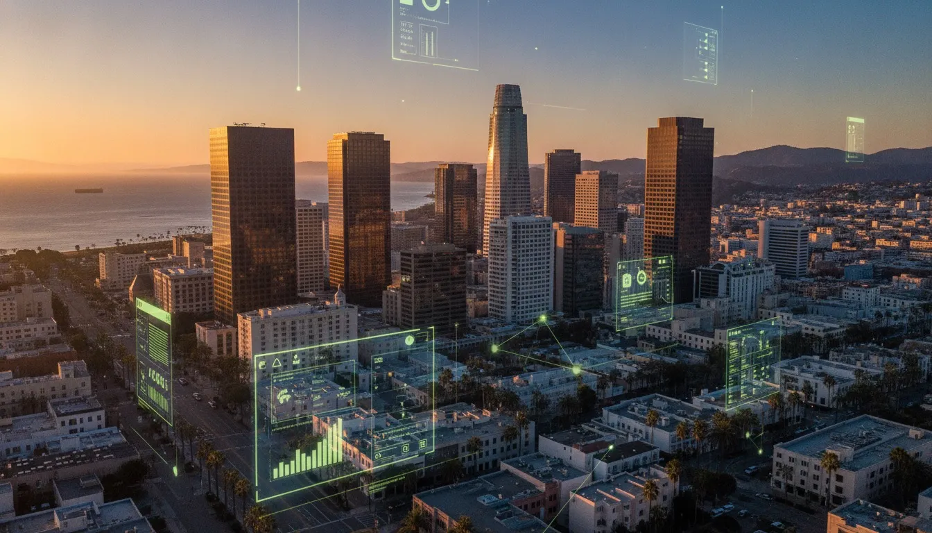 California coastal city skyline at golden hour with glowing mobile app interfaces, representing mobile app development in California