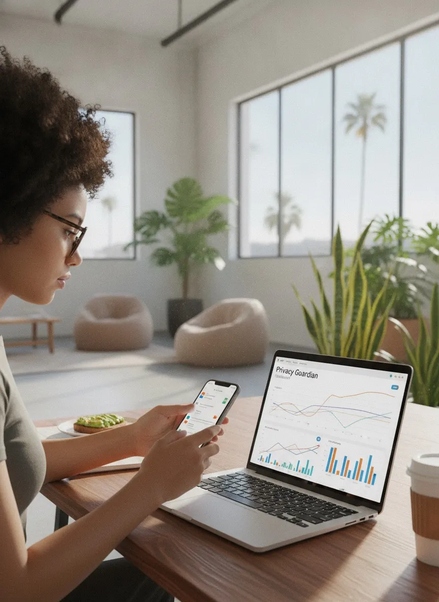 Mobile app developer reviewing a data privacy dashboard in a California office