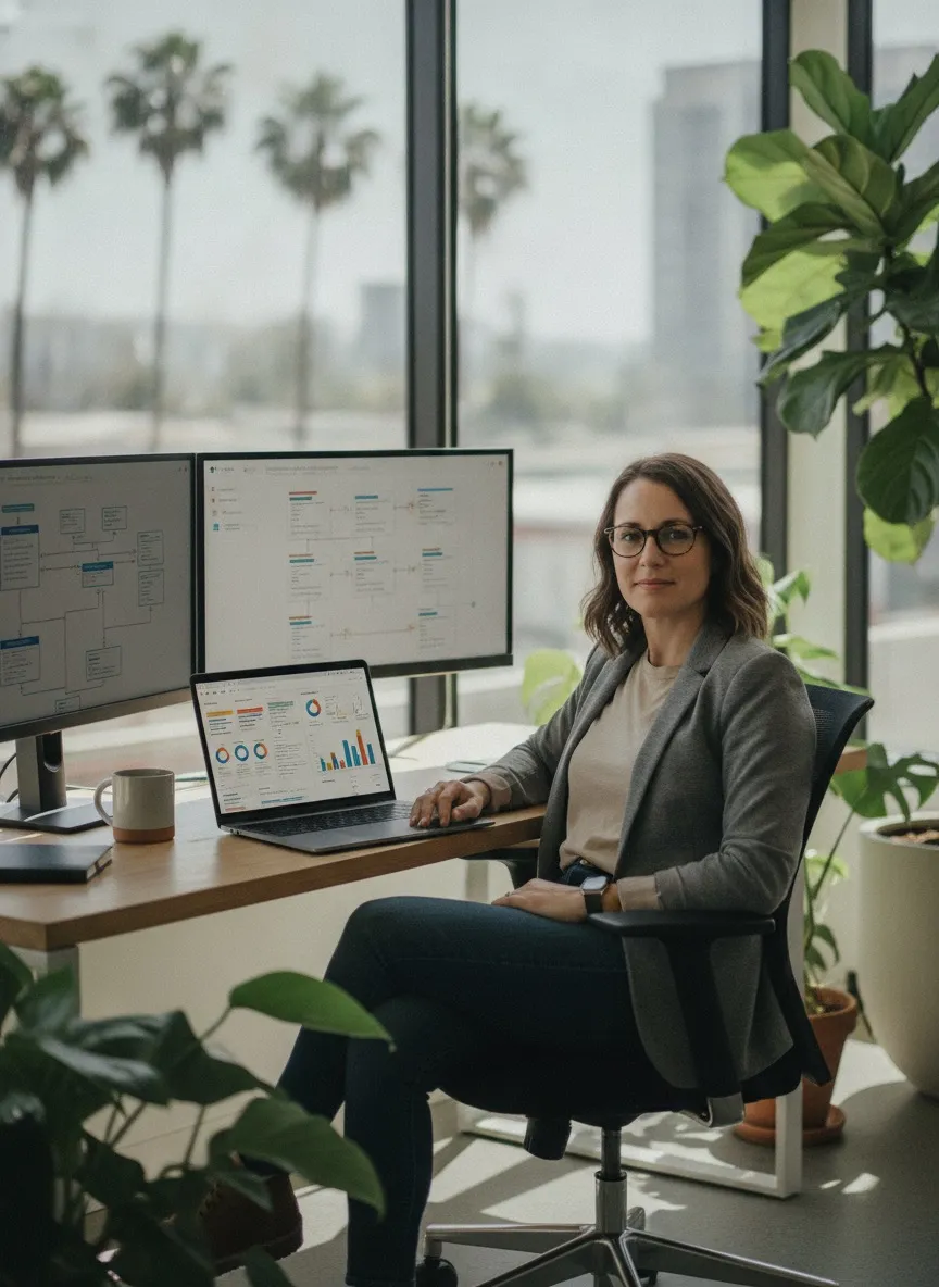 Software engineer reviewing a data privacy and compliance dashboard in a California office