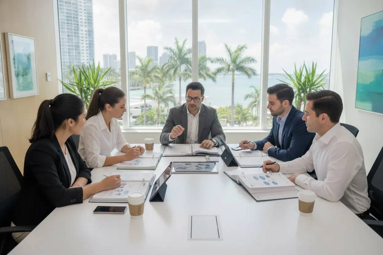 Professional team reviewing digital privacy compliance documents in a Miami Florida office