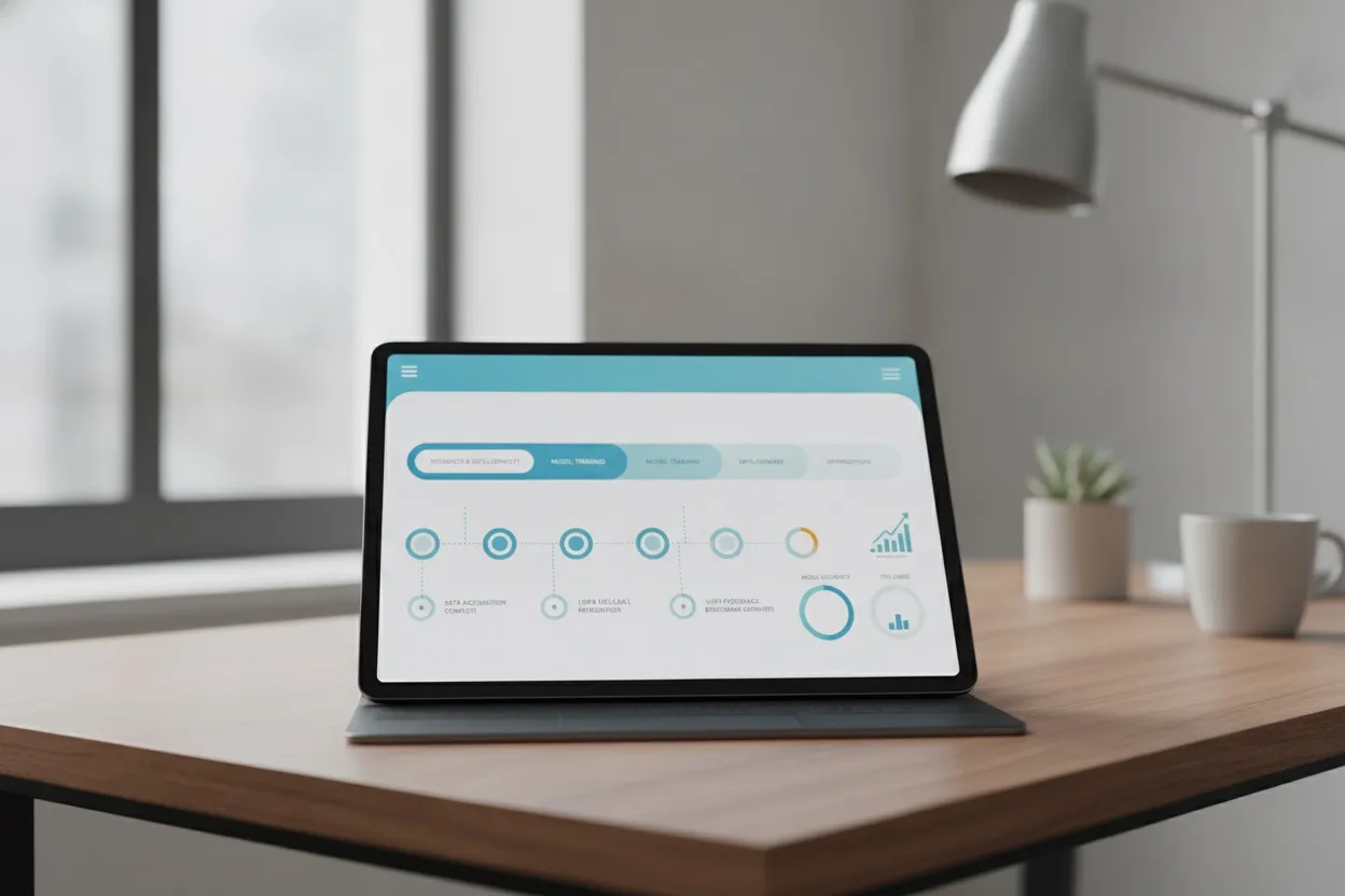 AI project roadmap timeline with milestones on a tablet screen