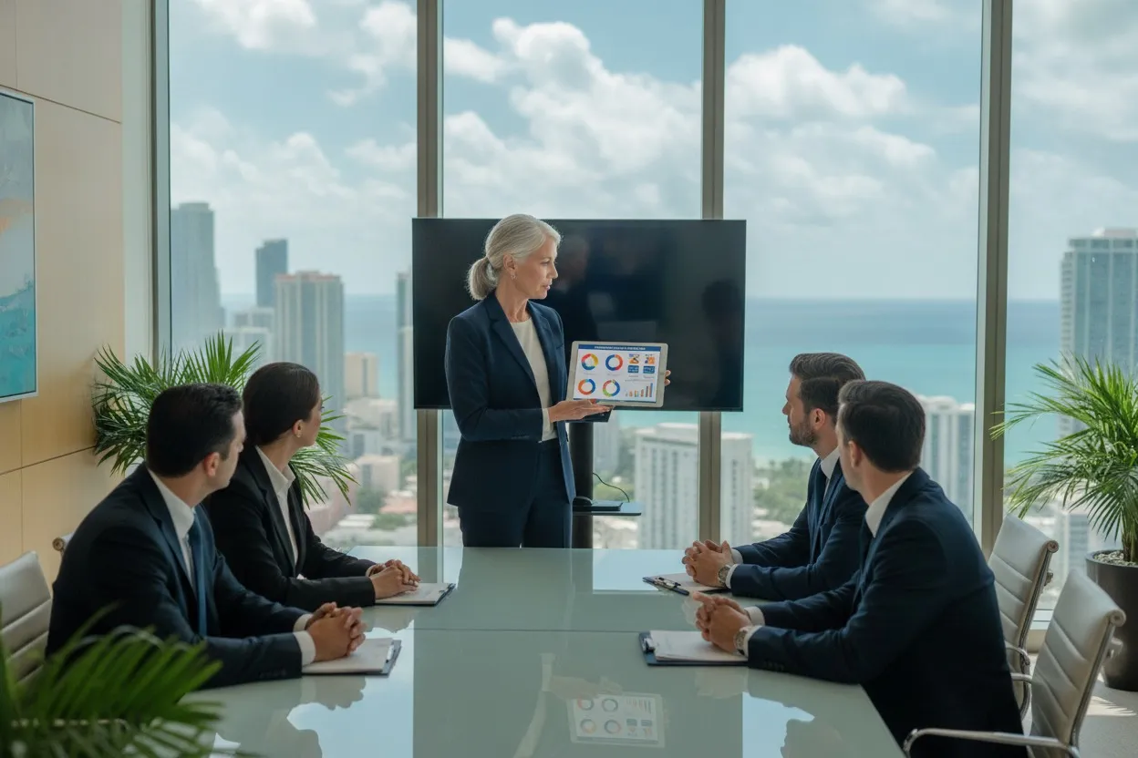 Senior AI consultant presenting a readiness assessment in a Miami Florida office