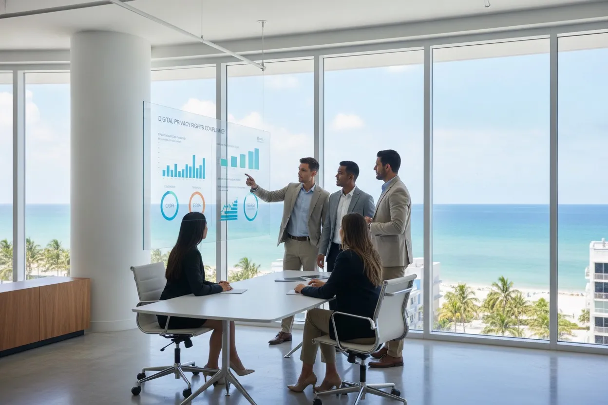 Professional team reviewing digital privacy compliance dashboards in a Miami Florida office