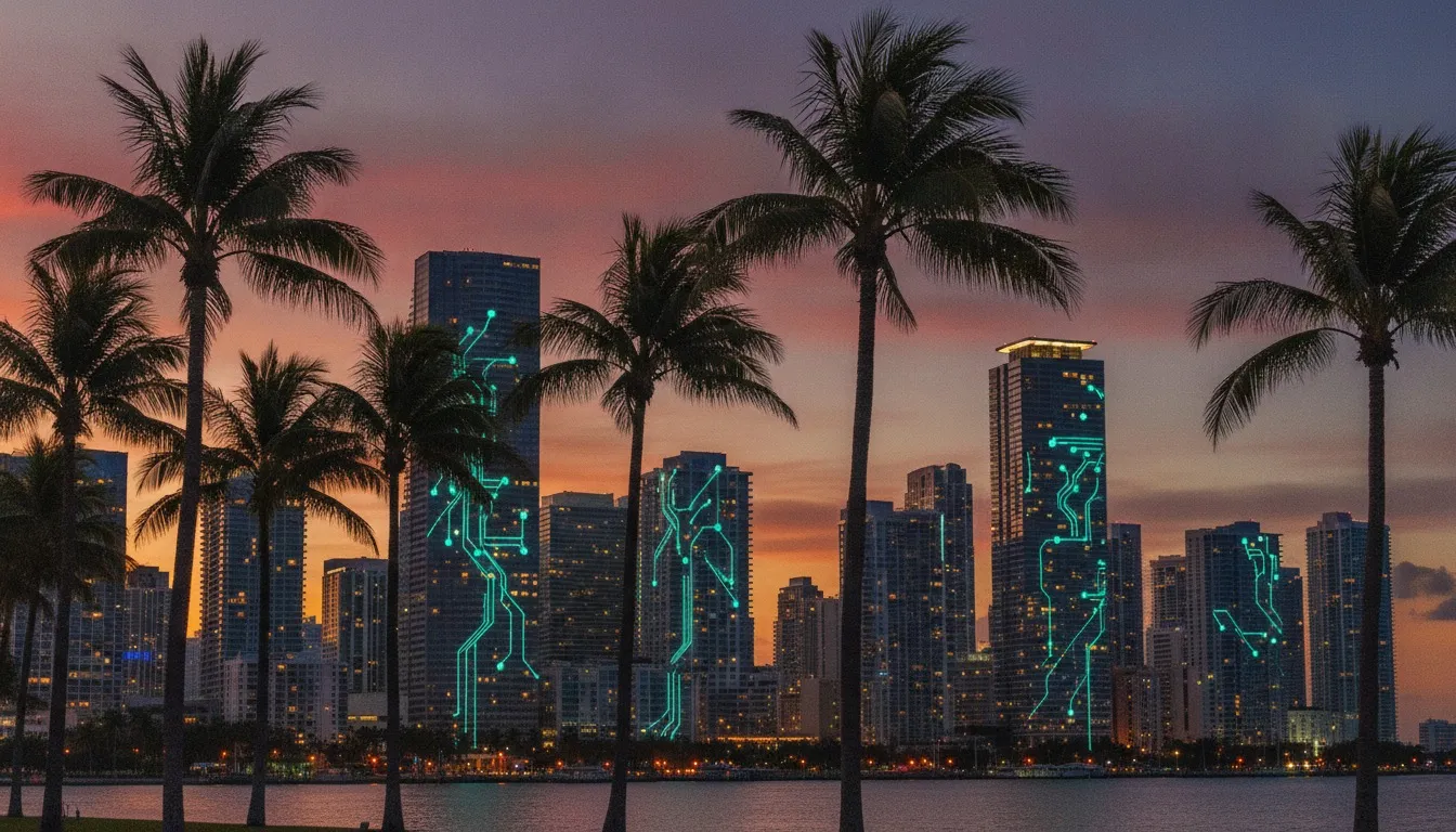 Miami Florida skyline at dusk with a glowing AI neural network overlay, representing AI development services in Florida