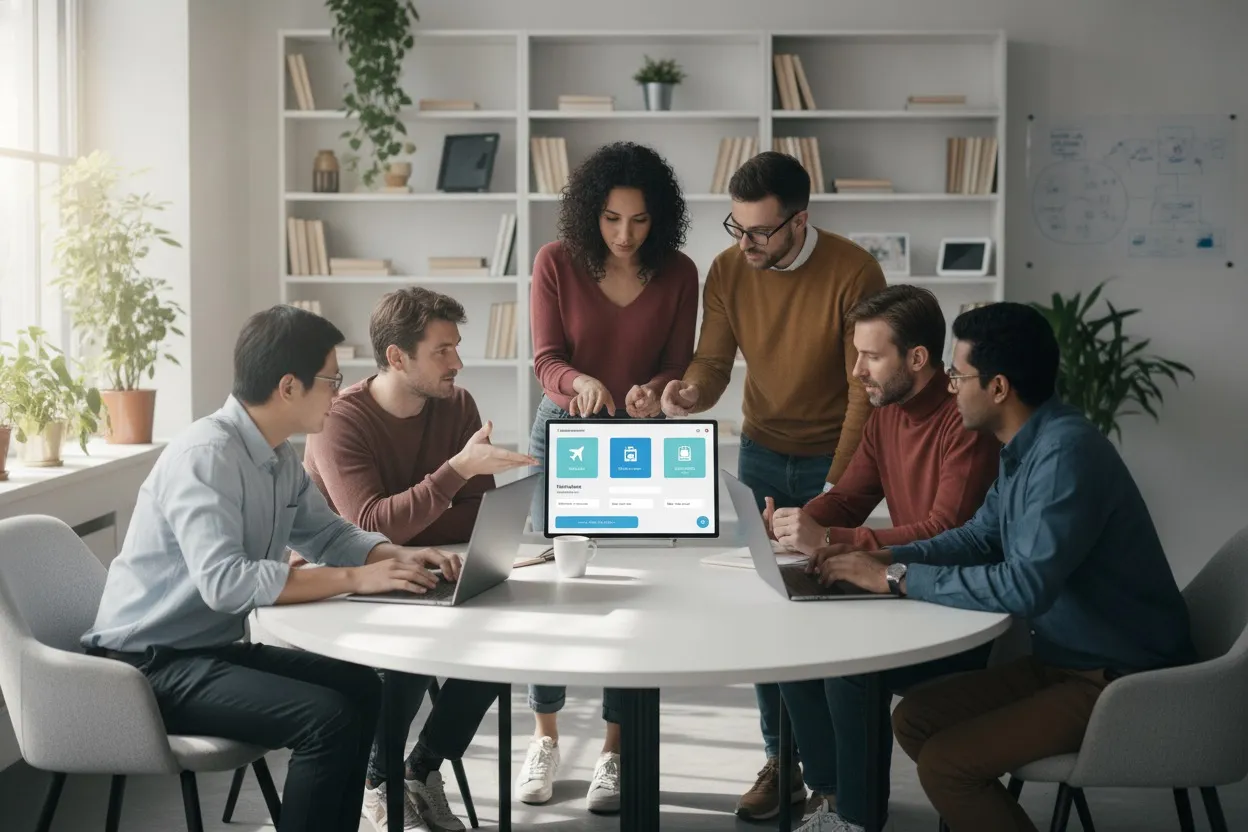 Software engineers collaborating on a travel booking app prototype