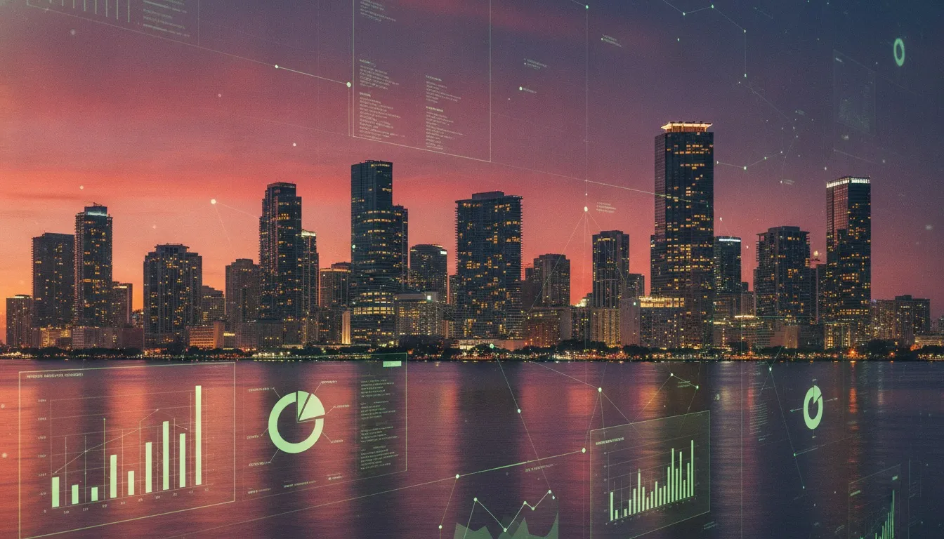 Miami, Florida downtown skyline with glowing software architecture diagram overlay, representing custom software development in Florida