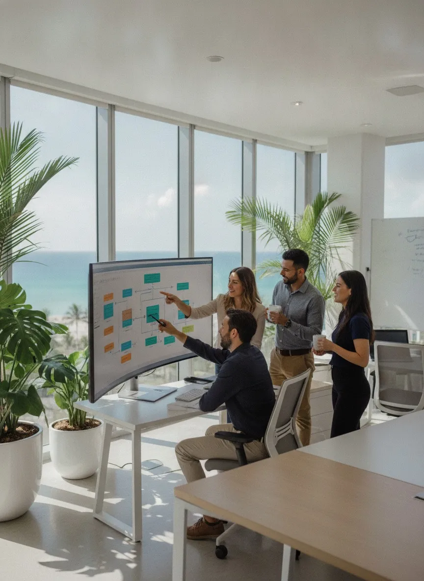 Software development team reviewing enterprise system architecture in a Miami-style office