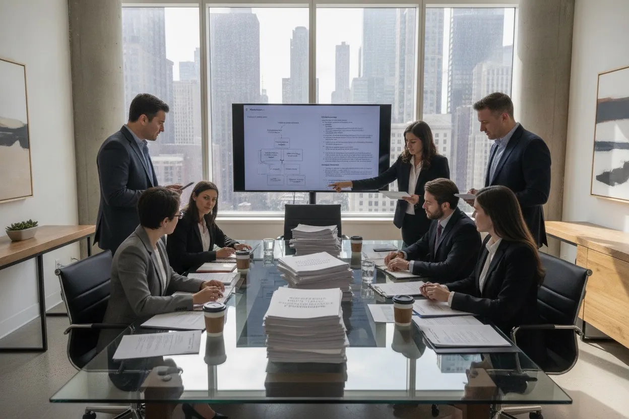 Legal and compliance team reviewing biometric data privacy governance documents in a Chicago office