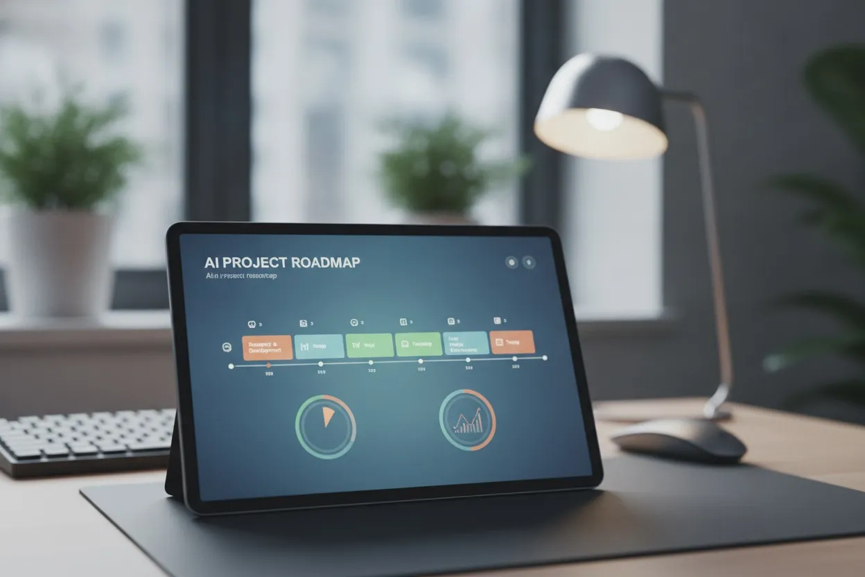 AI project roadmap timeline with milestones on a tablet screen