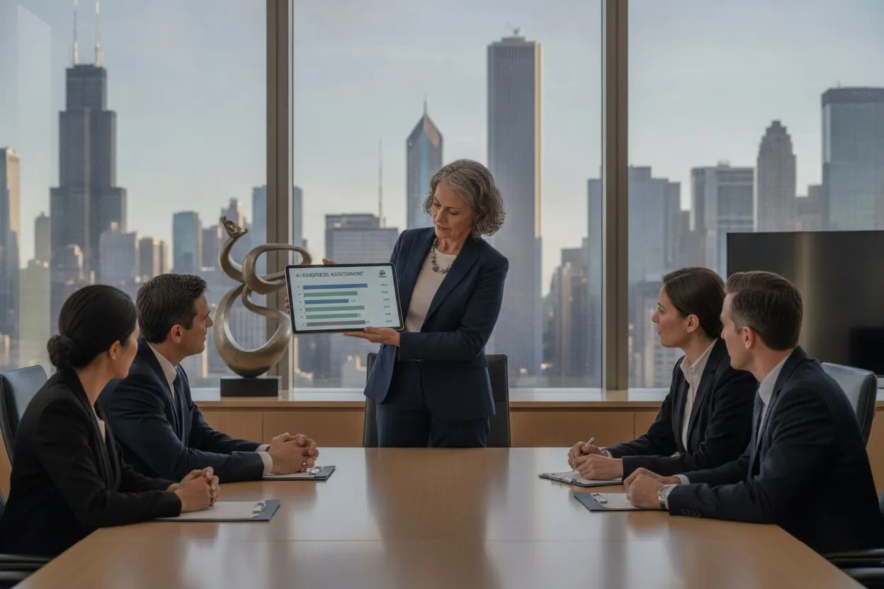 Senior AI consultant presenting a readiness assessment in a Chicago office