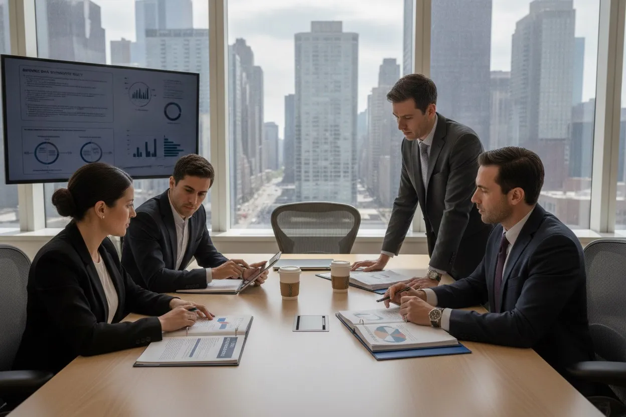 Legal and compliance team reviewing biometric data privacy documents in a Chicago office