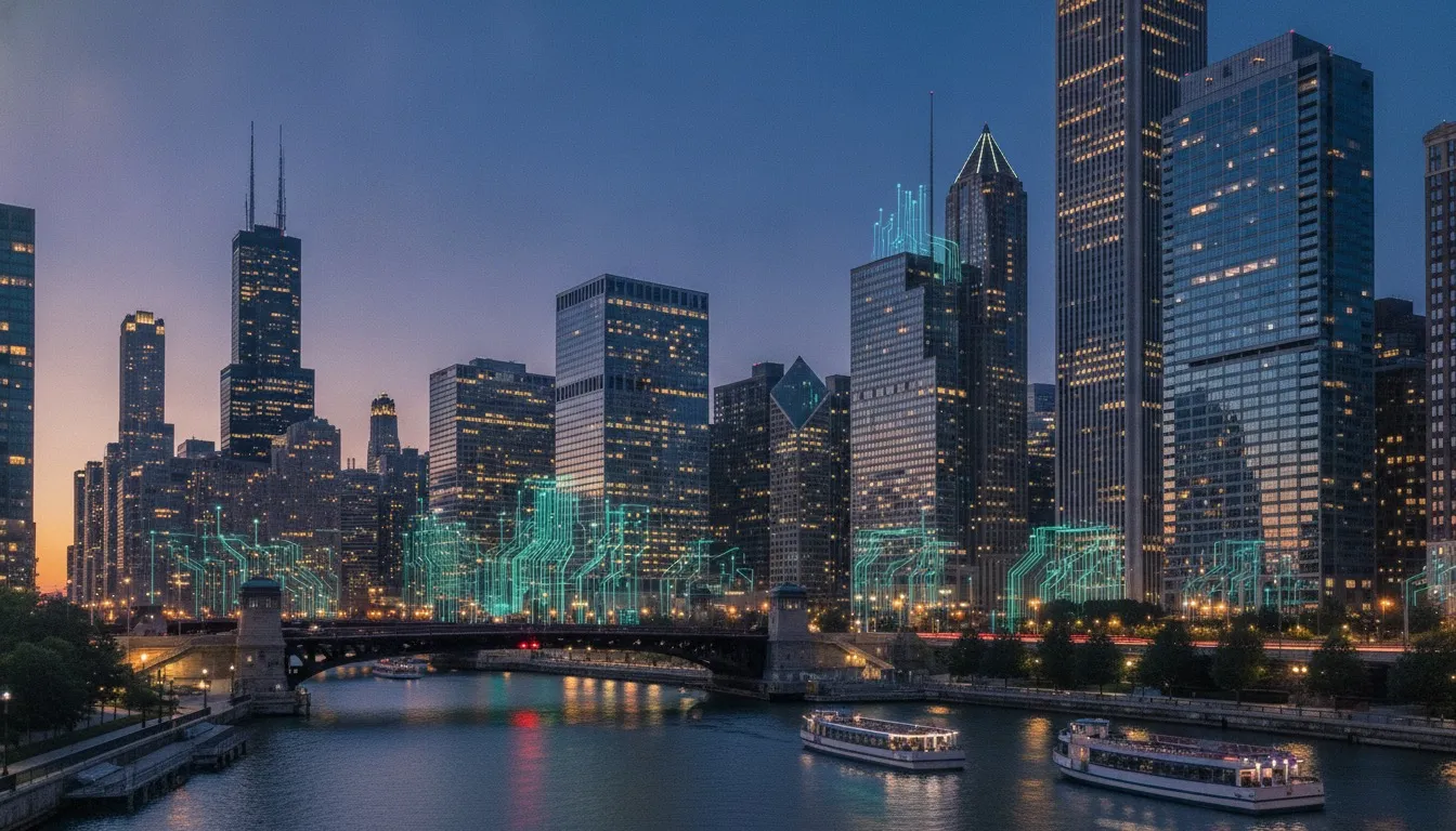 Chicago skyline at dusk with a glowing AI neural network overlay, representing AI development services in Illinois