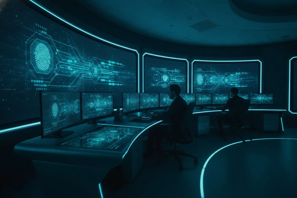 Data security monitoring room with encrypted biometric and data pipeline visualizations