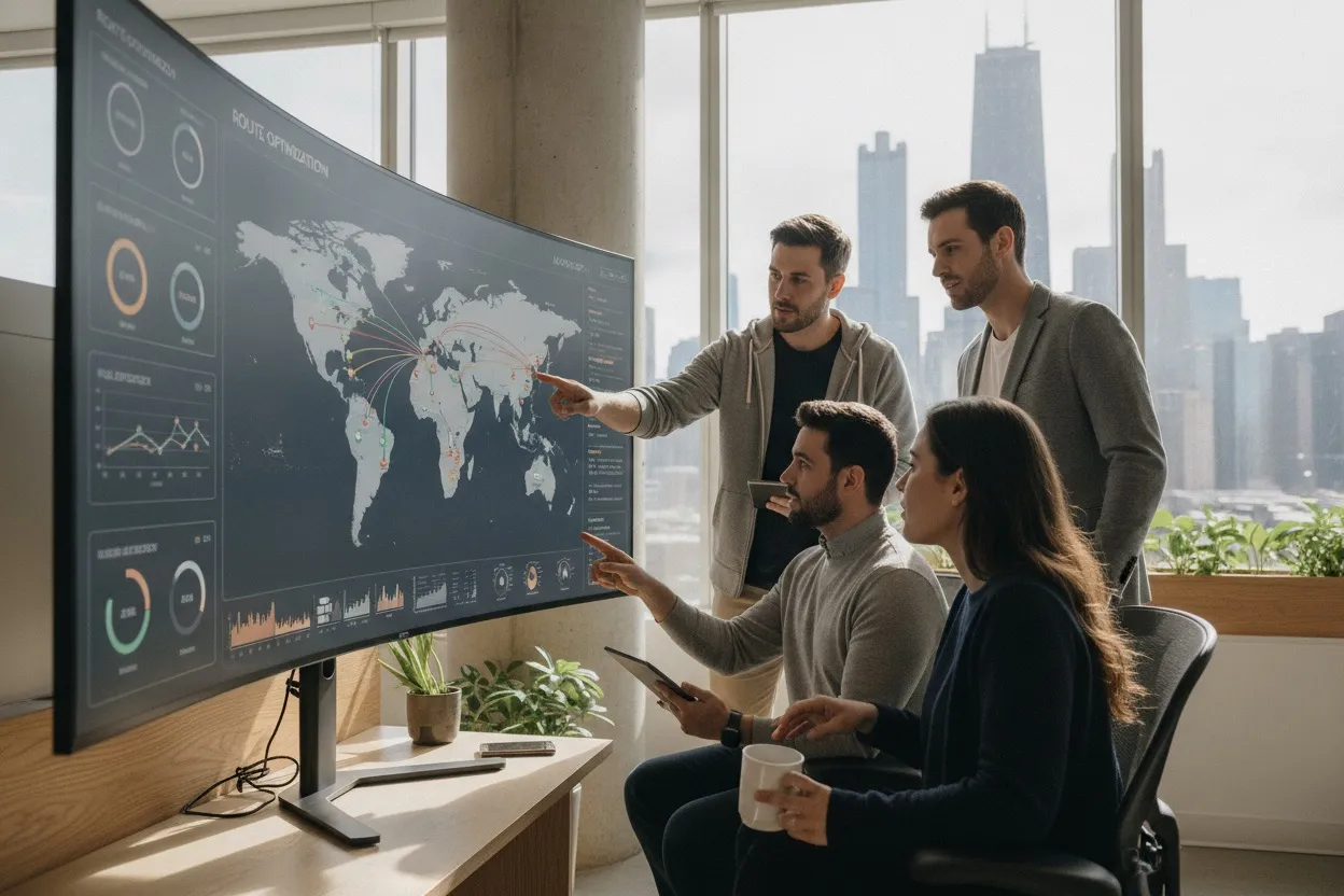 AI engineers analyzing a logistics supply chain dashboard in a Chicago office