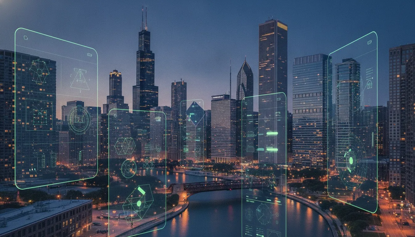 Chicago, Illinois skyline at dusk with glowing mobile app interfaces, representing mobile app development in Illinois