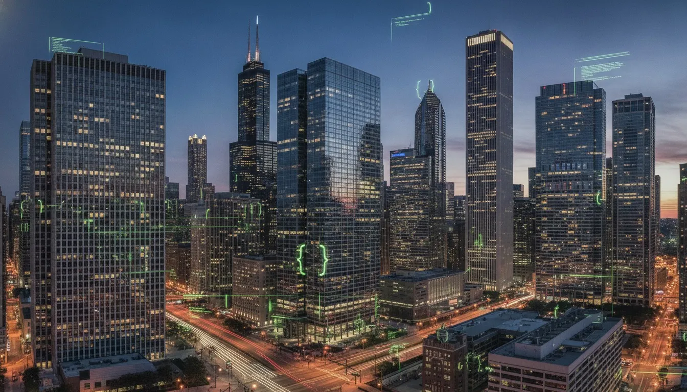Chicago financial district skyline with glowing software architecture diagram overlay, representing custom software development in Illinois