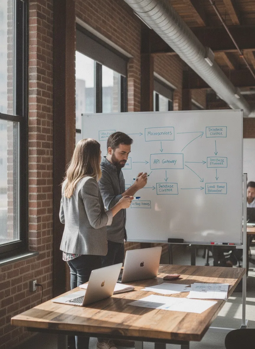Software architect whiteboarding a system diagram in a Chicago office