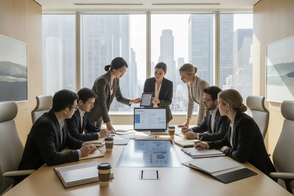 Professional team reviewing AI governance and compliance framework documents in a New York office