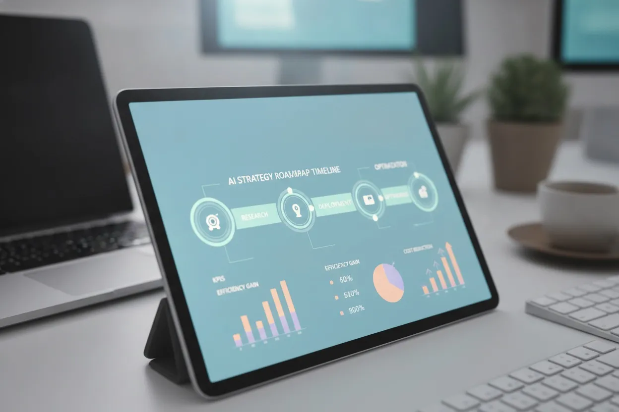 AI strategy roadmap timeline with milestones on a tablet screen
