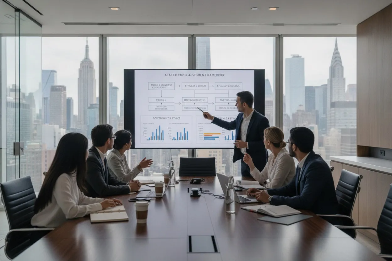 AI strategy consulting team reviewing a roadmap in a New York boardroom