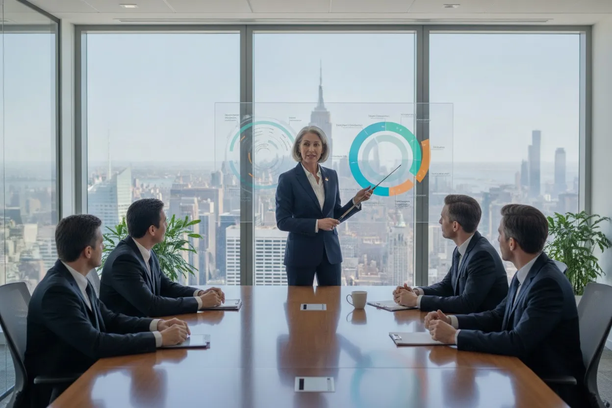 Senior consultant presenting an AI readiness assessment to executives in a New York office