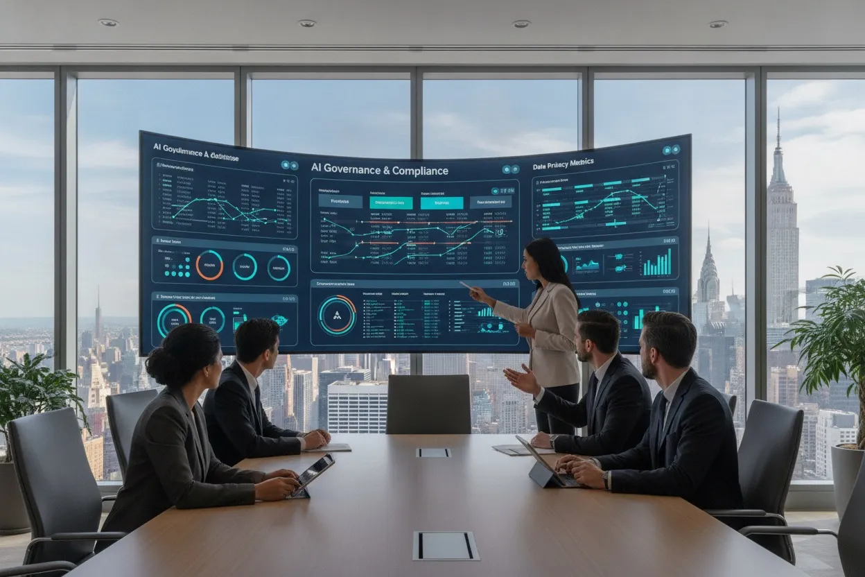 Professional team reviewing AI governance and compliance dashboards in a New York office