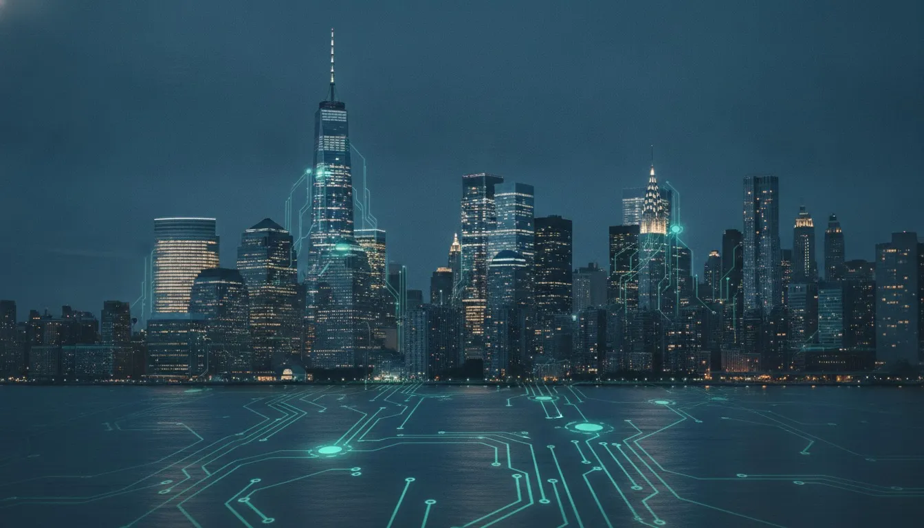 New York City skyline at dusk with a glowing AI neural network overlay, representing AI development services in New York