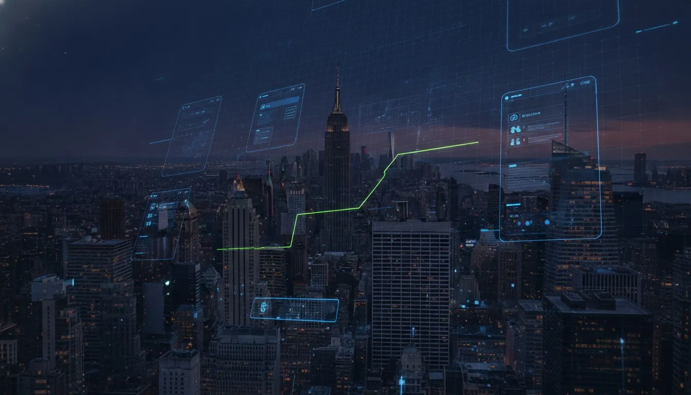 New York City skyline with glowing mobile app interfaces, representing mobile app development in New York