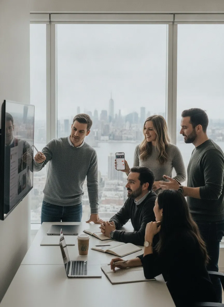 Mobile app development team reviewing app UI in a modern office