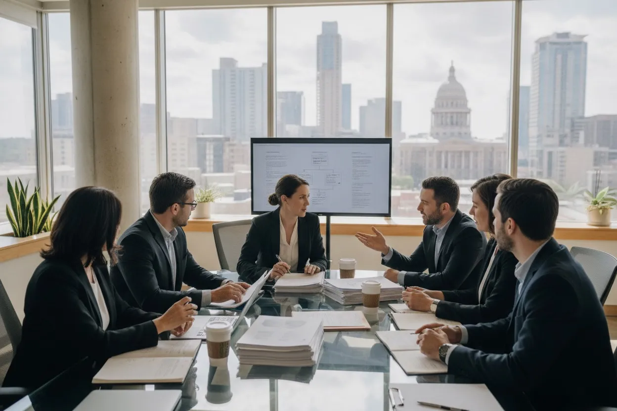 Professional team reviewing data privacy compliance documents in an Austin Texas office