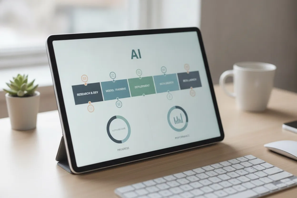 AI project roadmap timeline with milestones on a tablet screen