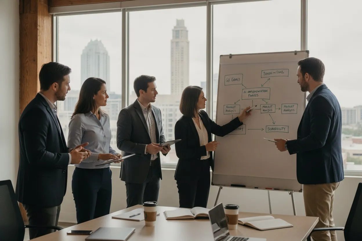 AI strategy consulting workshop reviewing a roadmap in an Austin Texas office