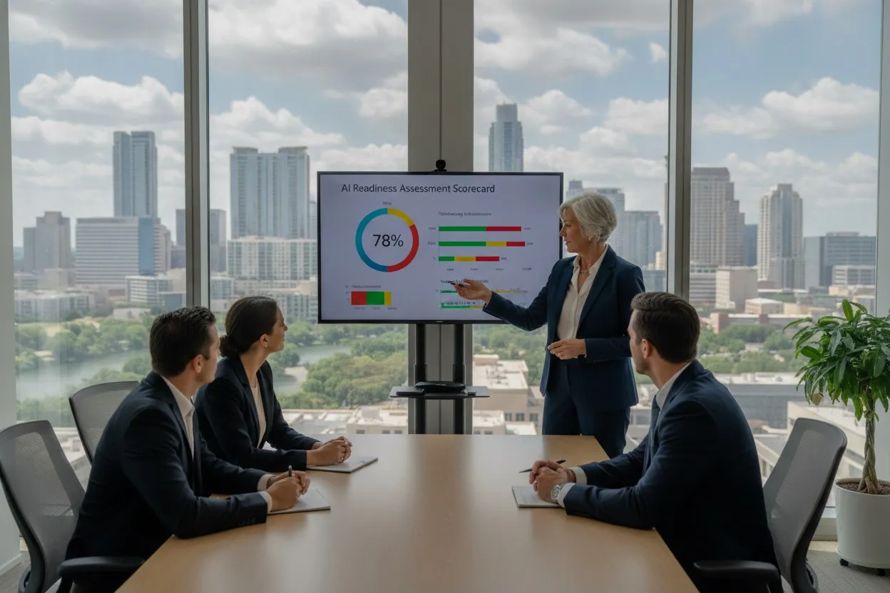 Senior AI consultant presenting a readiness assessment in an Austin Texas conference room