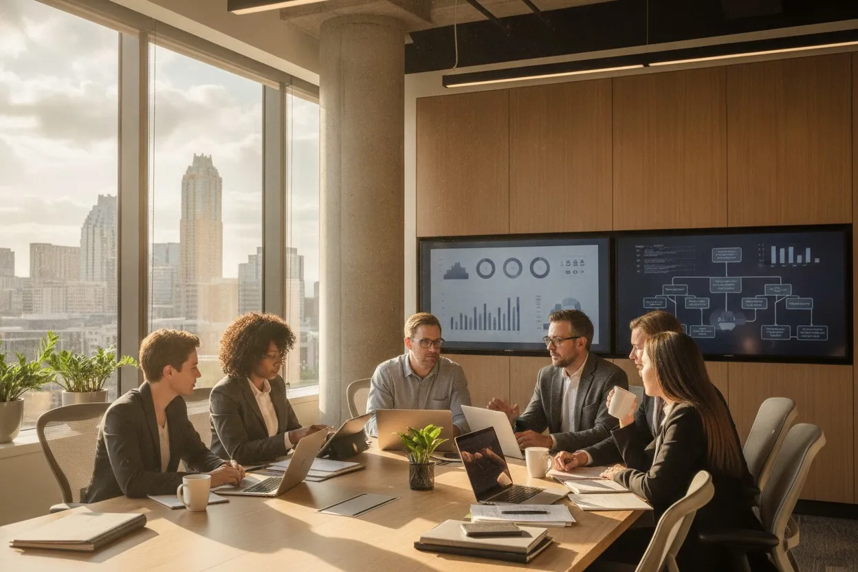 Business team reviewing data privacy compliance dashboards in an Austin Texas office