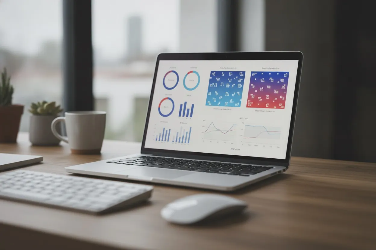 Machine learning model evaluation dashboard showing performance metrics