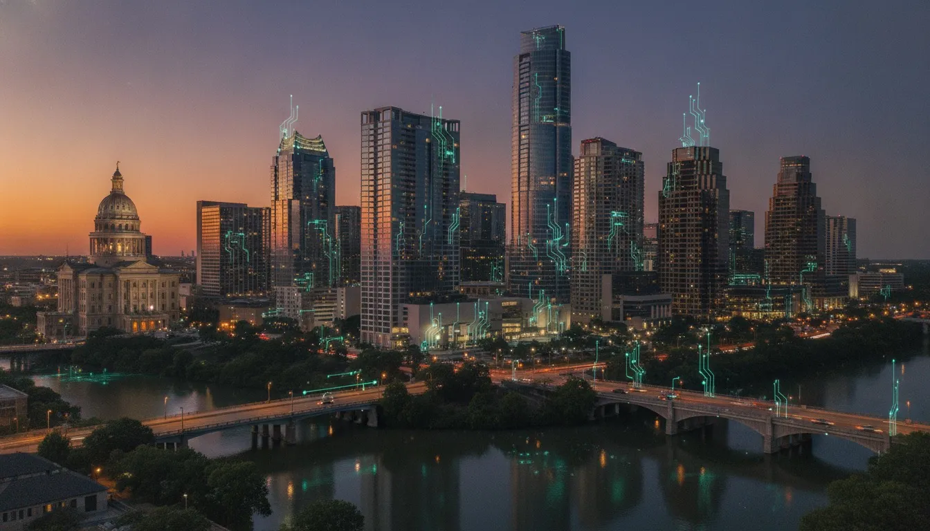Austin Texas skyline at dusk with a glowing AI neural network overlay, representing AI development services in Texas
