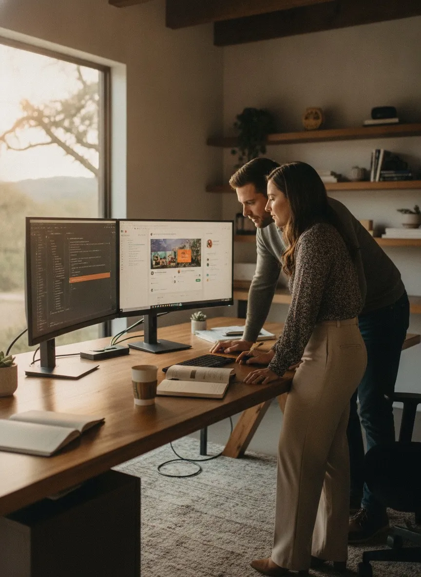 Two mobile app developers pair-programming in a Texas office