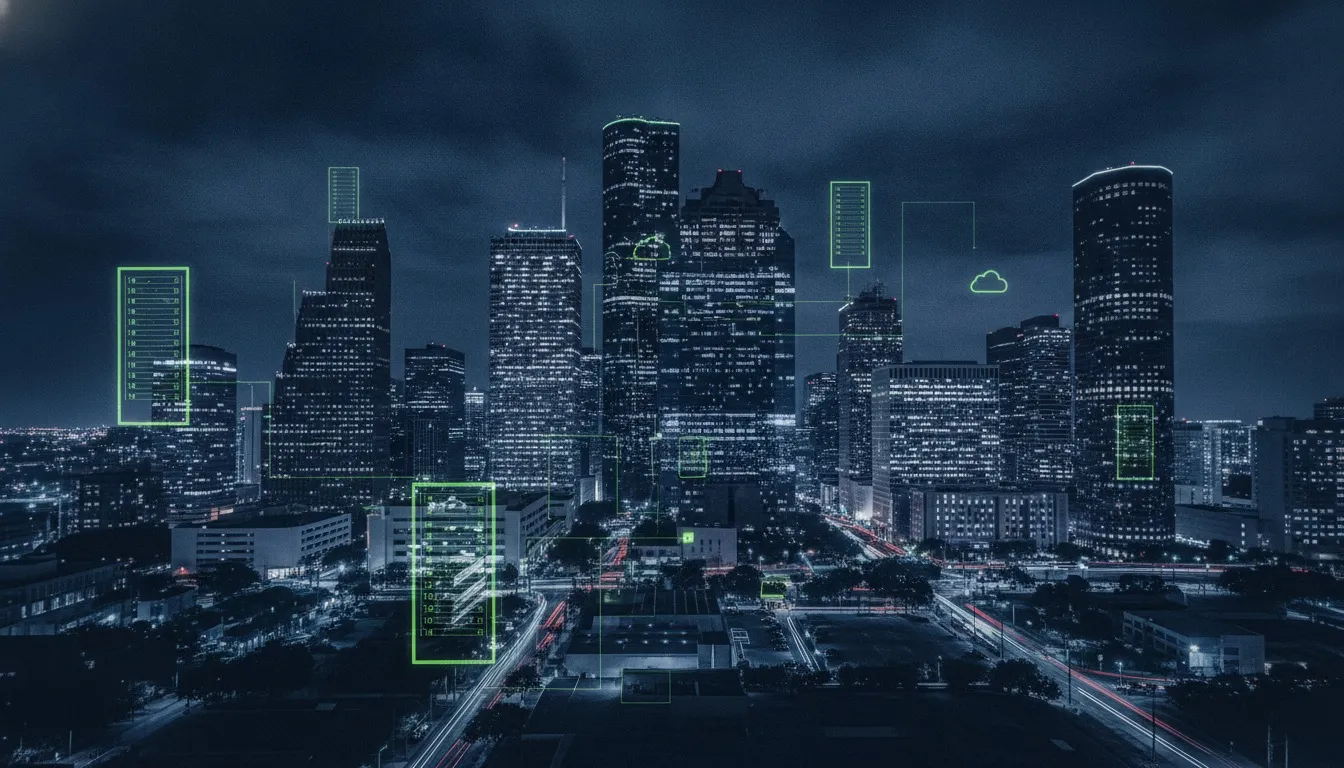 Texas city skyline at night with glowing software architecture diagram overlay, representing custom software development in Texas