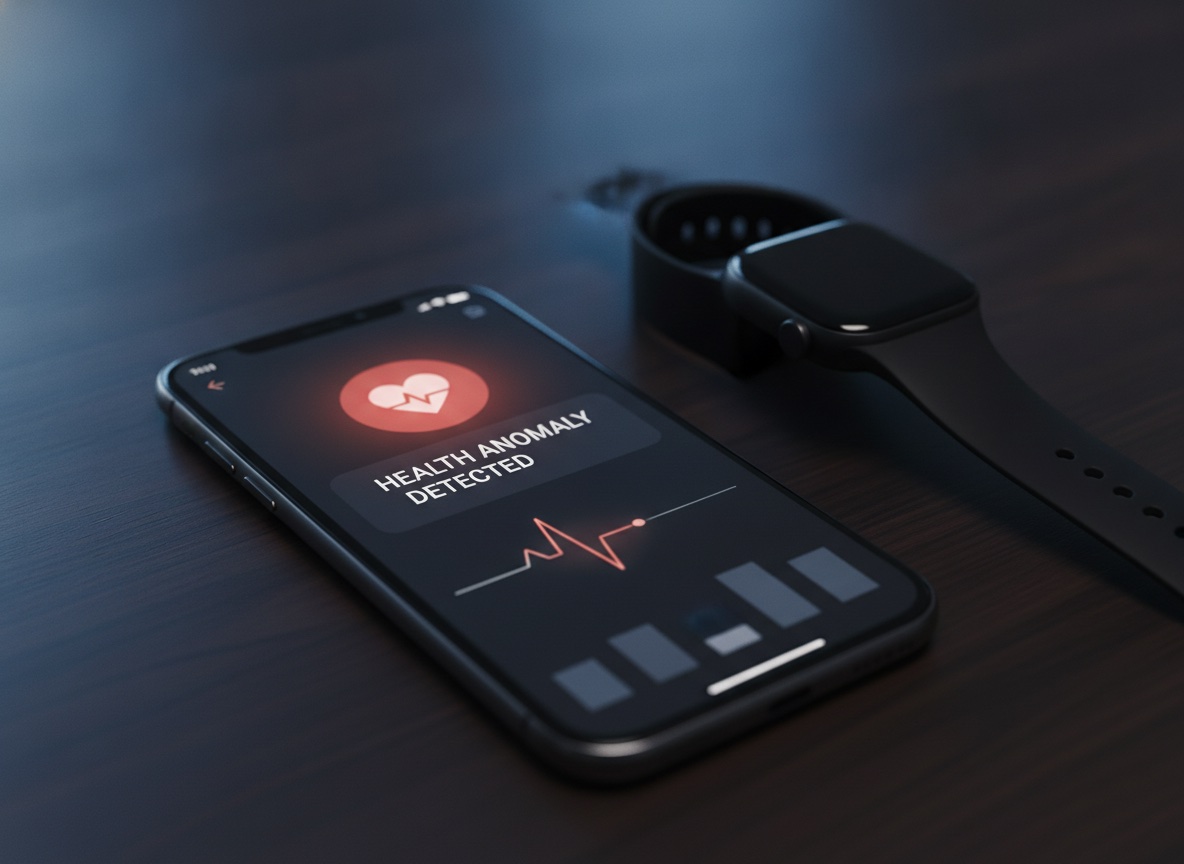 A smartphone beside a smartwatch displaying an AI-generated health-anomaly alert card with an irregular heart-rate spike highlighted