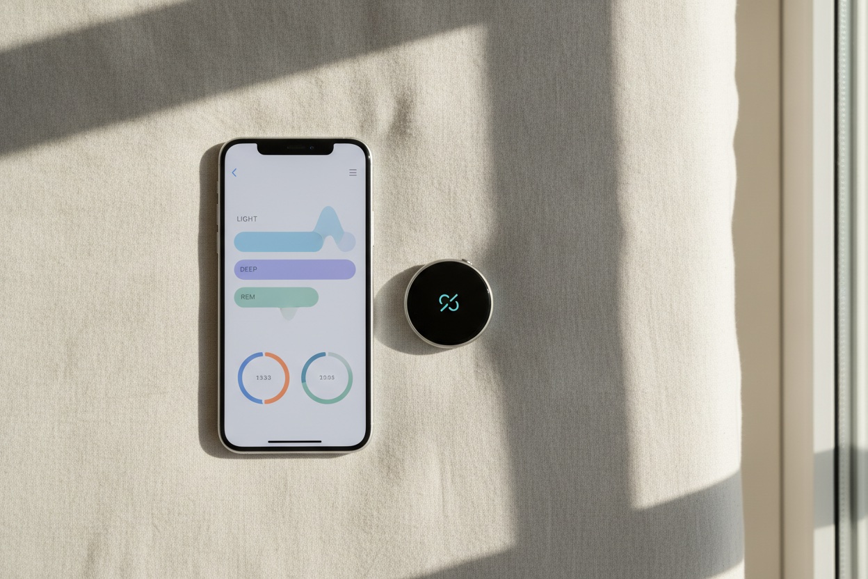 A smartphone and smartwatch resting side by side, the phone's companion app screen showing a sleep-stage graph and activity ring synced from the watch