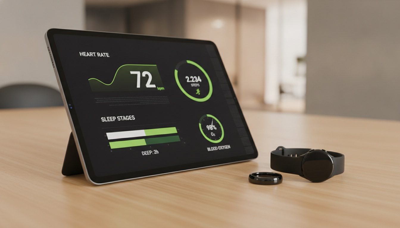 A tablet displaying a health-data dashboard aggregating heart rate, sleep, step count, and blood-oxygen metrics from multiple wearable devices