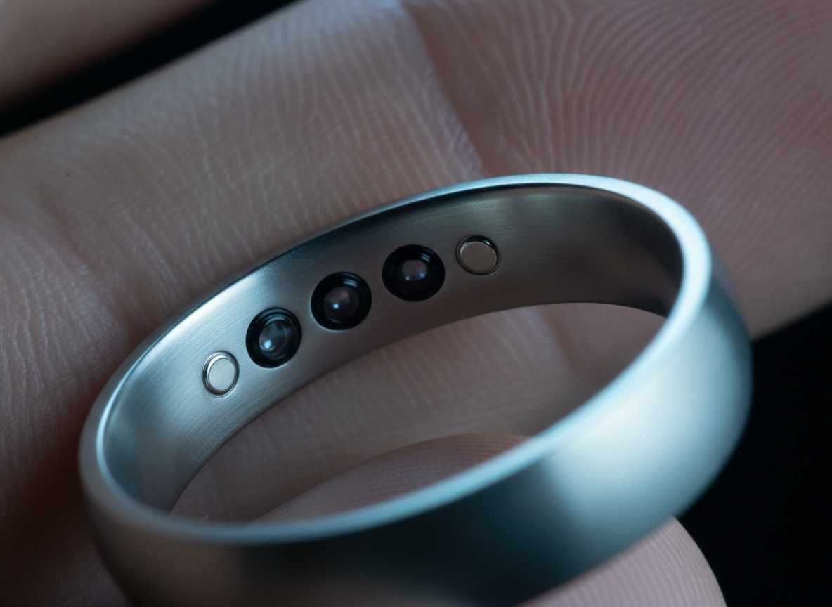 Extreme macro close-up of a titanium smart ring on a finger, showing embedded optical sensor lenses and metallic contact points