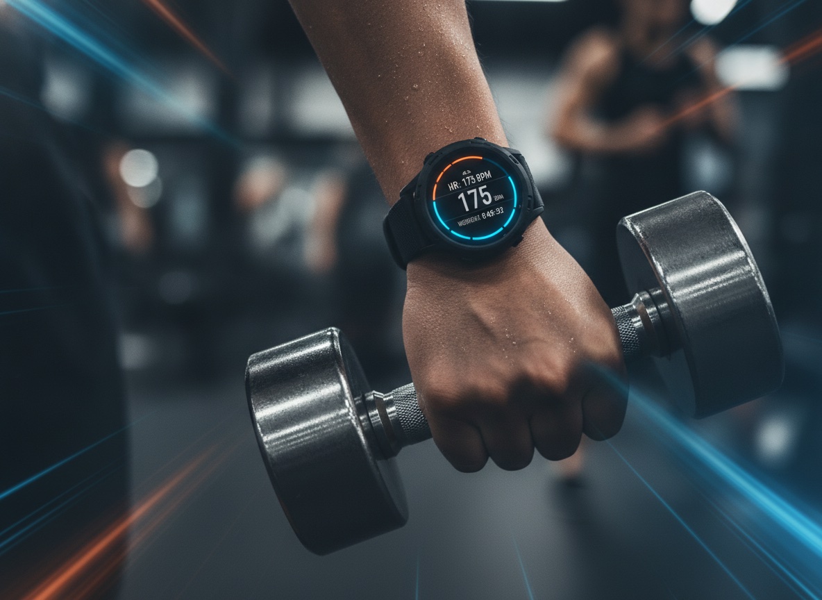 Close-up of a rugged fitness tracker on a wrist mid-workout, its screen glowing with a live heart-rate reading