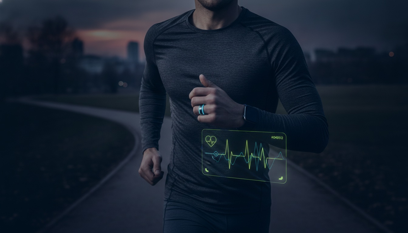 A runner wearing a high-tech smart fitness ring and sports smartwatch tracking biometric sensor data in real time
